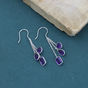 Pendientes Largos de Amatista Natural con Cadena, Plata de Ley 925, Pendientes de Gancho con Cadena, Joyería al por Mayor para Mujer - Product Image 4