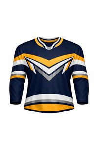 Jersey de Hockey sobre Hielo para Hombre, Rayas Blancas y Amarillas, Cuello en V, Manga Tres Cuartos, Tejido Transpirable Sublimado - Product Image 1