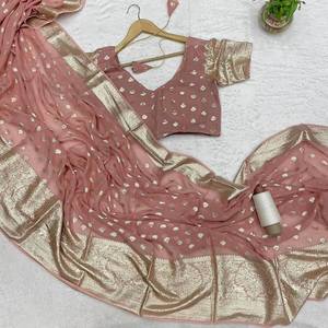CRÉATEUR VISCOSE GEORGETTE JACQUARD BUTTI TRAVAIL SAREE AVEC BLOUSE NON COUCHÉE PÊCHE - Product Image 1
