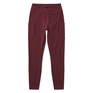 Maroon Color <b>Leggings</b> <b>with</b> <b>Pocket</b> High Waist Full Length Knitted Spandex Polyester Breathable Quick Dry Women's Activewear - Product Image 3