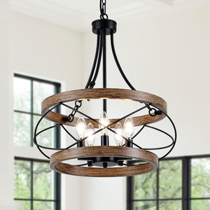 Wholesale Farmhouse Orb Chandelier Bulk Faux Wood Hoop Pendant Light Factory Price <b>Retro</b> Candle Hanging Lamp - Product Image 4