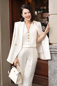 Women's Cream <b>Wool</b> Blend <b>Pants</b> Suit Set V Neck Blazer Full Sleeve Anti Wrinkle Office Business Wear - Product Image 3