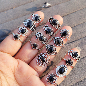 Noir Elegance Black Onyx Brass Handmade Vintage Silver Plated Adjustable Bohemian Gemstone Wedding <b>Rings</b> Unisex Wholesale - Product Image 1