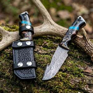Damascus Steel Drop Point Hunting Knife With Wood Handle Blue Inlay Non Adjustable Blade Outdoor Survival <b>Tool</b> - Product Image 6