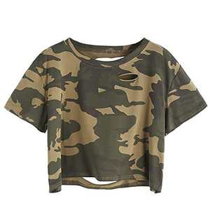 Camiseta Corta de Camuflaje de Algodón para Mujer, Estilo Urbano, Camiseta Corta Desgastada con Camuflaje, Logotipo Personalizado, Marca Privada OEM - Product Image 4