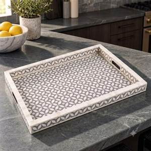 Bandeja de Servir de Diseño Clásico de Lujo con Incrustaciones de Hueso, Resina y MDF, con Asa de Metal Pulido, para Bodas, a Precio Económico - Product Image 1