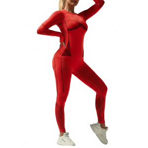 Yoga Set Women Full <b>Length</b> <b>Leggings</b> Long Sleeve High Waist Solid Color Contrast Binding Four-Way Stretch Fitness Wear - Product Image 3