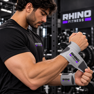 สายรัดข้อมือซ้าย Rhino Fitness สีเทา ผ้าฝ้าย ปรับได้ด้วยแถบตีนตุ๊กแก สำหรับยกน้ำหนัก - Product Image 1