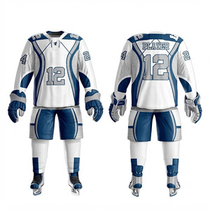 Ensemble d'uniformes de hockey sur glace personnalisés par sublimation pour hommes adultes, maillot et pantalon, manches longues, col en V, maille respirante, blanc et bleu, taille 12 - Product Image 6