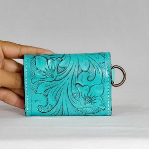 Genuine Leather Card Holder Turquoise Color Button Closure Minimalist Style Unisex Short Wallet Canvas Lining - Product Image 5
