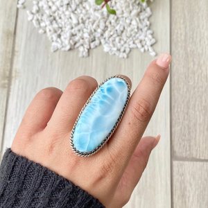 Natural Long Oval Larimar <b>Ring</b> Blue Stone <b>Silver</b> Jewelry Bulk Wholesale Manufacturer - Product Image 1