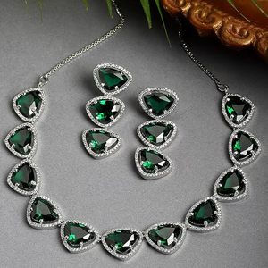 <b>Silver</b> Plated Alloy <b>Necklace</b> <b>and</b> <b>Earring</b> <b>Set</b> with Green Trillion Cut Crystal Rhinestones for Women Party Classic Jewelry - Product Image 4