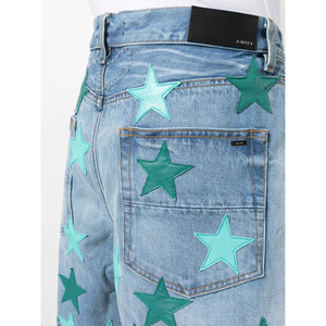 Short en jean délavé Lynx pour homme, broderie étoile verte, taille mi-haute, ourlet effiloché, décontracté, respirant, 100 % coton, streetwear - Product Image 2