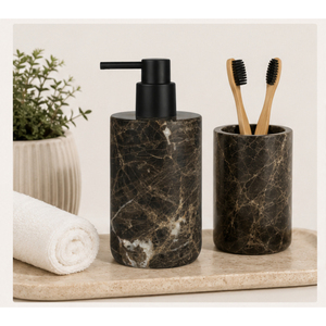 Natural Brown Marble Soap Dispenser with Matte <b>Black</b> <b>Pump</b> Eco-friendly Modern Design for Bathroom Use - Product Image 4