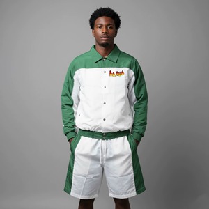 Ensemble survêtement unisexe streetwear personnalisé, coupe-vent léger imprimé délavé à l'acide avec blocs de couleur et short en nylon - Product Image 1