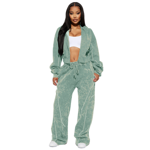 <b>Women</b>’s Oversized Cropped <b>Zip</b>-<b>Up</b> Hoodie & Jogger 2-Piece Tracksuit Set heavy gsm fabric 450 at wholesale price - Product Image 2