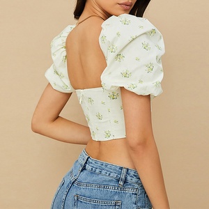 Chemisiers élégants à <span class=keywords><strong>manches</strong></span> <span class=keywords><strong>bouffantes</strong></span> pour femmes, col dans le dos, mini-haut fantaisie, imprimé blanc, col carré, t-shirt ajusté pour femmes - Product Image 4