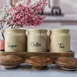 Juego de recipientes de cocina con diseño de mármol, tapa de madera y bandeja, elegante organizador de encimera para té, café y azúcar. - Product Image 5