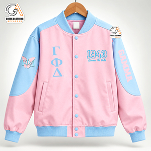 Custom Gamma Phi Delta Sorority Varsity Jacket Sky Blue pink Full Sleeve Covered <b>Button</b> 1943 Women's Outerwear Waterproof - Product Image 1