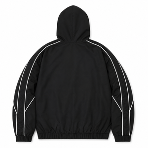 Unisex Black Hooded <b>Racer</b> <b>Jacket</b> Windproof Waterproof Zipper Closure Sporty Style Patchwork Front Design Summer Wear Regular Fit - Product Image 2