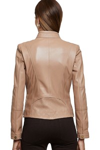 Chaqueta de Moto de Cuero PU para Mujer, Cuello Alto, Manga Larga, Cierre de Cremallera, Estilo Otoñal, Color Sólido, Largo Regular - Product Image 3