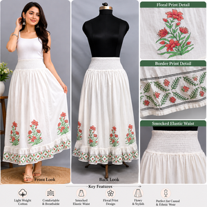 Falda Larga de Algodón al por Mayor con Cintura Elástica Fruncida y Volantes, Estampado Floral Bohemio, Estilo Jaipur, para Verano - Product Image 4