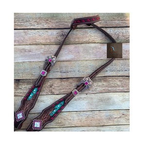 Ensemble de têtière et de collier de poitrail pour cheval en cuir marron, avec incrustation turquoise et conchos en cristal rose, style western - Product Image 2