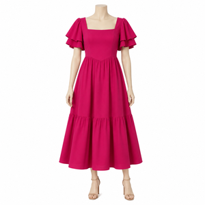 Vestido Largo Maxi Rosa Intenso con Cuello Cuadrado y Mangas con Volantes en Capas para Mujer, Estilo Elegante Casual para Fiesta de Verano - Product Image 1
