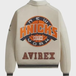 แจ็คเก็ตหนัง Kith x Knicks Avirex, แจ็คเก็ตวาร์ซิตี้ทีม New York Knicks, แจ็คเก็ตบอมเบอร์สีครีม, แจ็คเก็ตสตรีทแวร์, แจ็คเก็ตหนังสั่งทำพิเศษ - Product Image 3