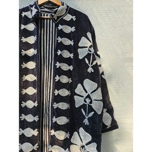 Black Velvet Embroidered Long Jacket Floral Pattern <b>Open</b> Front Women Vintage casual Outerwear Vintage Casual Coat gift for her - Product Image 3
