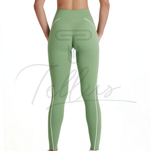Leggings de yoga vert taille haute avec bande latérale, pantalon long sans couture en Spandex et Nylon, extensible dans les quatre sens, design à surpiqûres contrastées - Product Image 6