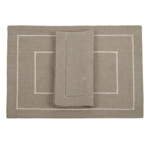 Custom Wholesale Luxury Double Hemstitch Handmade Embroidery Classic <b>Placemats</b> Napkins Sets Natural Linen Trays Thin Washable - Product Image 2