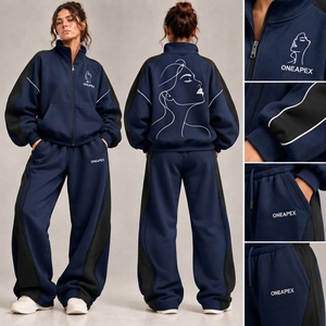 Conjunto Deportivo para Mujer, Sudadera con Capucha y Cremallera Azul Marino y Negro, Estampado Minimalista, Pantalones Jogger Oversize con Bloques de Color - Product Image 5