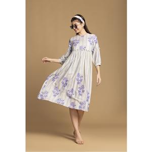 High Quality Beige Floral Printed Flared Dress Cotton Blend Dress with <b>Three</b>-Quarter Sleeves for Women for Export Selling Price - Product Image 1