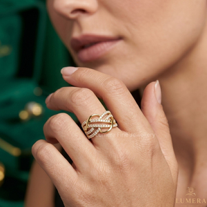 Luxury 18K Gold Plated Lab Grown Diamond Infinity Criss Cross Multi <b>Row</b> Pave Statement Wedding Engagement Ring IGI Certified - Product Image 6
