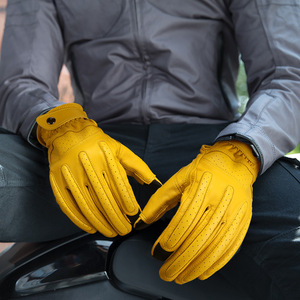 Yellow Leather Full Finger Riding <b>Gloves</b> With Touchscreen Thumb And Perforated Palm For Men - Product Image 3