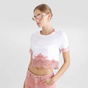 Crop top blanc pour femme avec bordure en dentelle rose, manches courtes, col rond, t-shirt en tricot, style mignon printemps été - Product Image 3