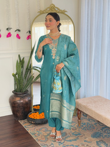 Best Women's Viscose Chanderi solid Straight Teal Blue <b>Kurti</b> with Pant And Naylon Jacquard Printed Dupatta Sets - Product Image 5