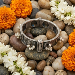 DIVYORO Women's Antique Flower Design Brass Oxidized Silver Plated Engagement Bangle-KADA - Product Image 2