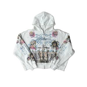 White Autumn Knitted Vintage Acid Wash Digital Printing <b>Zip</b> <b>Hoodie</b> 100% Cotton Oversized Men's Front Print <b>Pocket</b> Jacket - Product Image 1
