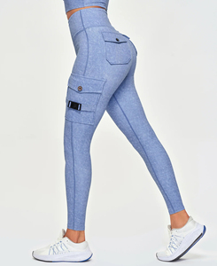 Lightweight High Waist Solid Blue Yoga <b>Leggings</b> With Pockets Full Length Four-Way Stretch Seamless Pants Cheap Price 180 g - Product Image 3