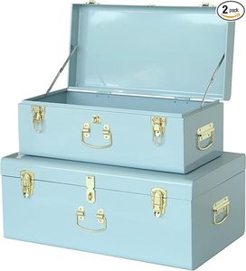 Sky <b>Blue</b> Decorative Metal Trunk Set Vintage Style Keepsake <b>Storage</b> <b>Boxes</b> with Polished Gold Latches for Bedroom and Nursery - Product Image 2