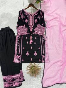 Luxury Jet Black Rayon Lawn Suit Set Heavy Thread Embroidery Keyhole Neck Tassel <b>Kurti</b> Straight Pants Chiffon Dupatta Party - Product Image 3