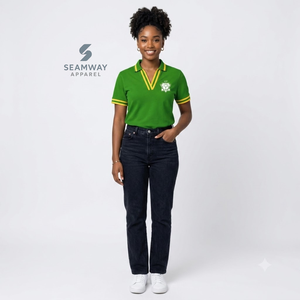 Chi Eta Phi Sorority Polo Shirt Women's Pique Green Yellow Stripe V-Neck Knit Short Sleeve Embroidered Crest Collared Tee - Product Image 5