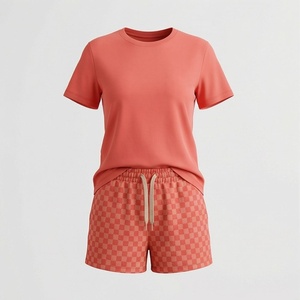 Women's 2 Piece Shorts Set Solid <b>Coral</b> T Shirt and Checkered Above Knee Shorts Casual Spring Summer Wear - Product Image 1