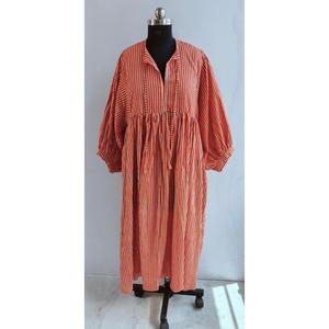 Boho Style Striped Handprint Midi <b>Dress</b> With Tie Neck Puff Sleeve <b>Loose</b> Fit Summer Casual <b>Dress</b> For Women - Product Image 1