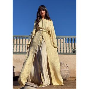 Two-piece <b>Kaftan</b> Golden Silk Brocade Finished Silk <b>Gold</b> Buttons Designed With Refined Completed Matching Belt Define The Waist - Product Image 1