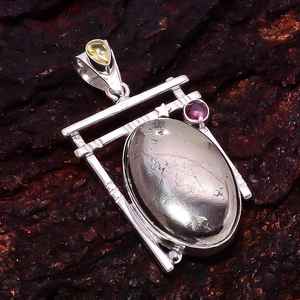 Pyrite <b>Pendant</b> With <b>Citrine</b> And Pink Tourmaline Natural Golden Pyrite Oval 925 Sterling Silver Handmade Statement Necklace - Product Image 6