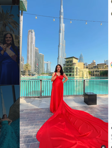 Elegant Vibrant <b>Red</b> Long Train Flying <b>Dress</b> for Dubai Photoshoot Stunning <b>Floor</b> <b>Length</b> Satin Maxi Gown V Neck Sleeveless <b>Dress</b> - Product Image 2