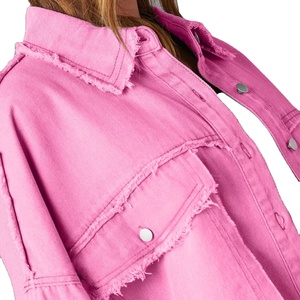 Pink Washed Distressed Frayed-Collar Loose Denim Jacket Streetwear Women's Long Sleeve Denim Jeans Jacket Men/Women Vintage - Product Image 2